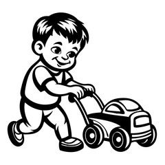 Cheerful Little Boy Pushing Toy Lawn Mower Vector Illustration for Kids Activities and Crafts