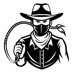 Cowboy Character with Lasso in Black and White Style for Western Themes and Designs