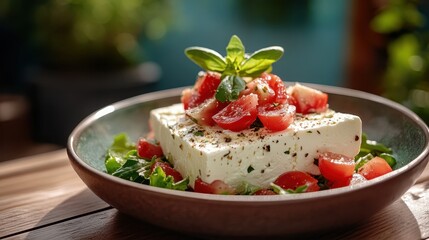 This beautifully arranged salad features a block of feta cheese topped with cherry tomatoes, drizzled with olive oil, highlighting freshness and healthful culinary choices.