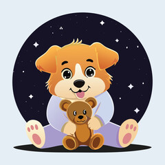 Cartoon Puppy Sleeping in Pajamas with Teddy Bear