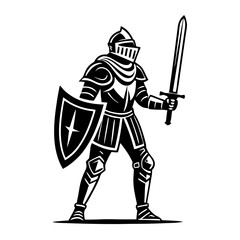 Knight in Armor Holding Sword and Shield for Fantasy Illustrations and Tattoo Designs