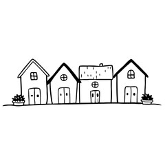 Naklejka premium Charming Set of Hand-Drawn Houses with Potted Plants for Home Decor and Coloring Fun