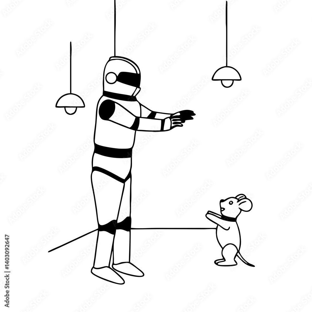 Poster robot interacting with cute mouse in a futuristic setting ideal for children's books and designs