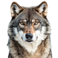 Fototapeta premium Portrait of a gray wolf canis lupus wildlife animal predator canine close up face looking at camera on transparent background