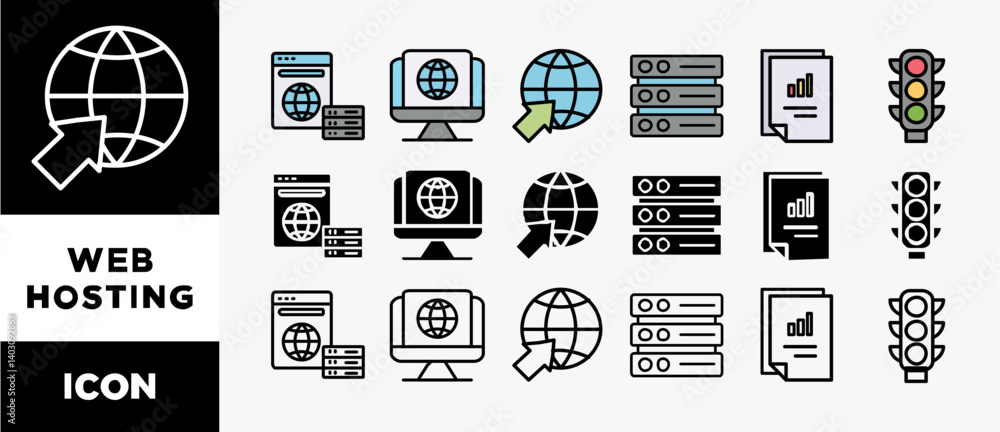 Poster web hosting icon set with various styles and colors provider, webspace, domain, website, server, dat