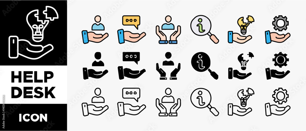 Poster help desk icon set with various styles and colors support, information, advice, problem solving, hel