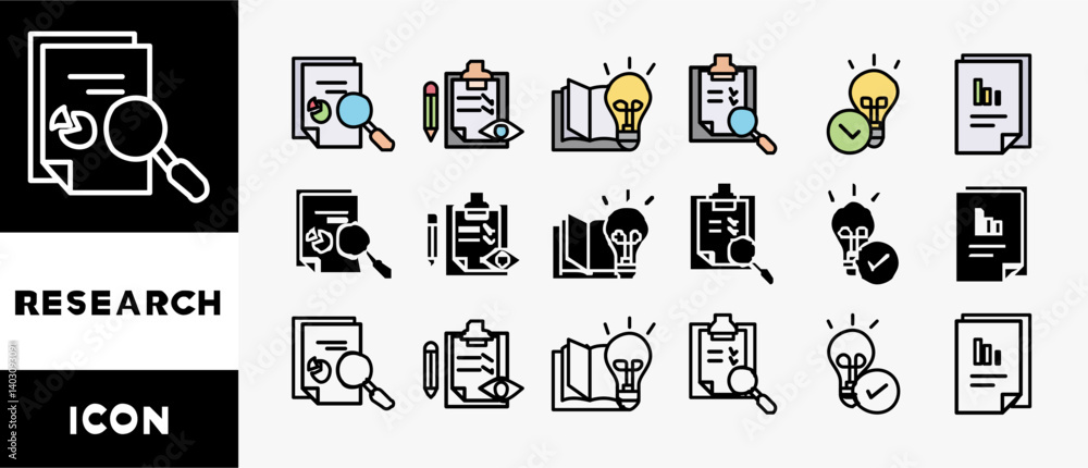 Poster research icon set with various styles and colors analysis, data, survey, development, fact, knowledg