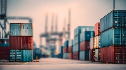Stacked shipping containers at port representing global trade and logistics, concept of import export business and international commerce