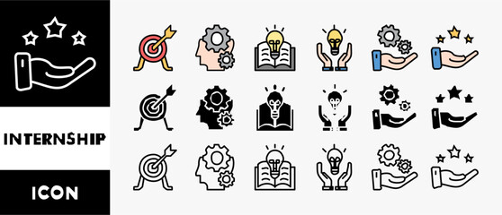 INTERNSHIP icon set with various styles and colors goal, skills, knowledge, mentoring, practice, opportunity, and training