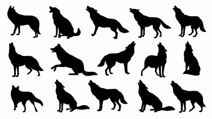 Silhouettes of wolves in various poses and movements. 