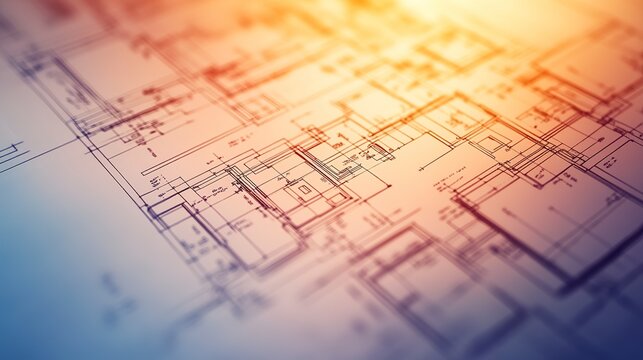 Blueprint Dreams: A detailed architectural design showcasing intricate room layouts and plumbing plans in warm, sunlit tones.