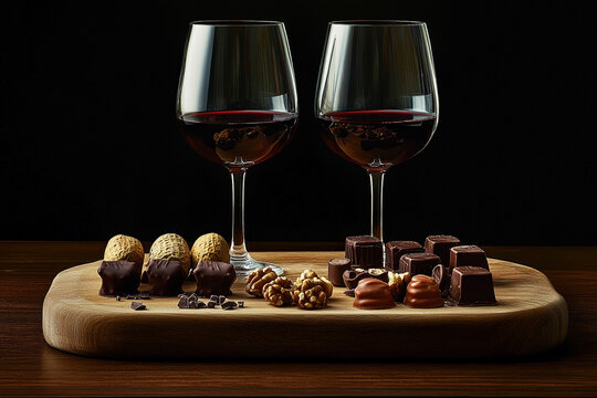 Two glasses of red wine and assorted chocolates walnuts and peanuts a delightful treat