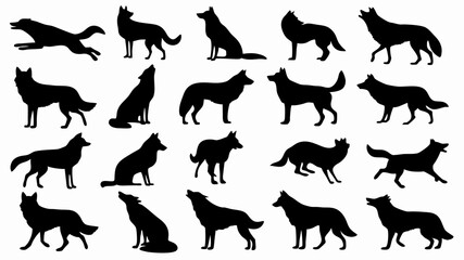 Silhouettes of wolves in various poses and movements. 