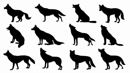 Silhouettes of wolves in various poses and movements. 