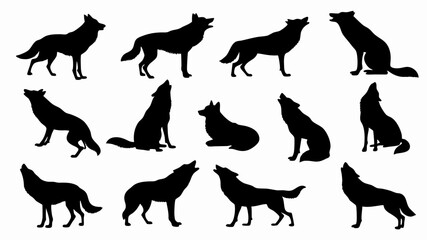 Silhouettes of wolves in various poses and movements. 