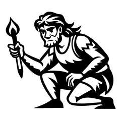 Strong Male Figure Holding Flame Torch in Athletic Pose Ideal for Tattoo and Illustration Designs