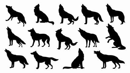 Silhouettes of wolves in various poses and movements. 