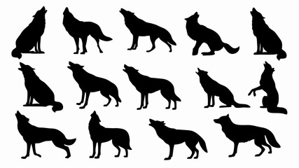 Silhouettes of wolves in various poses and movements. 