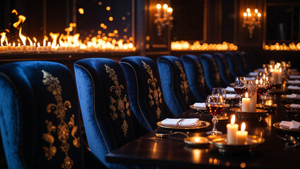 Elegant Dinner Table Setting With Candles,Fireplace And Luxury Blue Chairs
