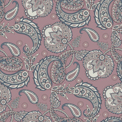 Floral seamless pattern with paisley ornament. Vector illustration in asian textile style
