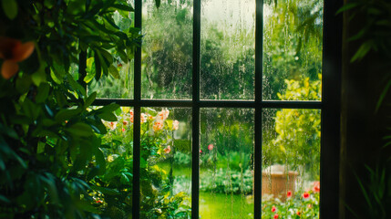 Gazing through a rain-soaked window at a vibrant spring garden filled with greenery and blooms