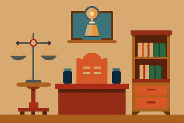 Vector illustration of a cartoon business woman working at her desk in a hotel room with modern furniture, a computer, lamp, and bookshelf