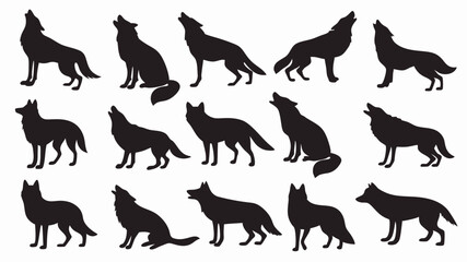 Silhouettes of wolves in various poses and movements. 