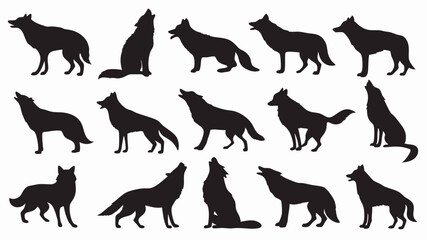 Silhouettes of wolves in various poses and movements. 