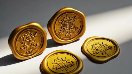 Four golden wax seals with embossed crests, shimmering light casts long shadows creating a vintage, elegant and luxurious impression - Powered by Adobe