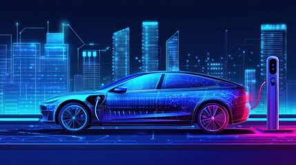 Obraz premium Electric car charging city night future technology