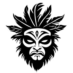 Fototapeta premium Intricate Tribal Mask Design Featuring Leaves and Bold Facial Features for Tattoo Art and Decor