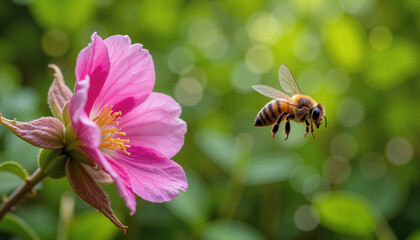 Bee hovering near pink flower against a green background  