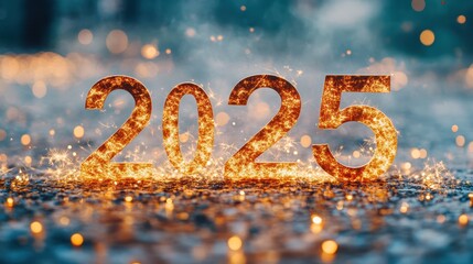 Fiery 2025 New Year's Eve countdown sparkles, bokeh background, greeting card