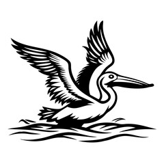 Obraz premium Elegant Pelican with Wings Spread Majestically in Dynamic Pose for Tattoo or Coloring Book Design