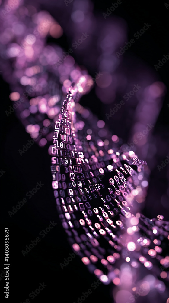 Poster abstract image of purple binary code flowing, creating a dynamic and technological feel, symbolizing