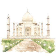 A beautiful watercolor illustration of the Taj Mahal, showcasing intricate details against a serene landscape, perfect for art enthusiasts and travel lovers.