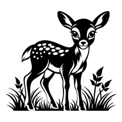 Adorable Black and White Fawn Standing Among Grass Ideal for Coloring Books and Tattoo Designs