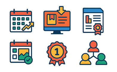 Set of icons for a calendar, a computer monitor, a book, a certificate