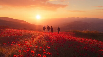 Remembrance Day Tribute: ANZAC Soldiers Among Red Poppies at Sunrise