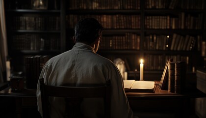 Obraz premium A solitary scholar engrossed in study in a dimly lit library.