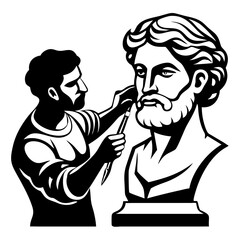 Artist Sculpting Classical Bust in Monochrome Vector Illustration for Creative Projects