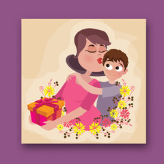 Happy Mother's Day Card with Cartoon Mother Love His Son Kiss and Holding Gift Illustration.