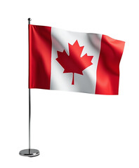 Waving Canada Flag on Pole, Red Maple Leaf, Transparent Background.