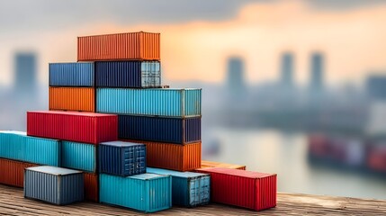 Obraz premium Stacked shipping containers at port representing global trade and logistics, concept of import export business and international commerce