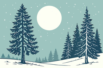 Fototapeta premium Snow-covered fir trees under a glowing full moon create a serene winter night scene—perfect for seasonal designs and holiday visuals.​ 