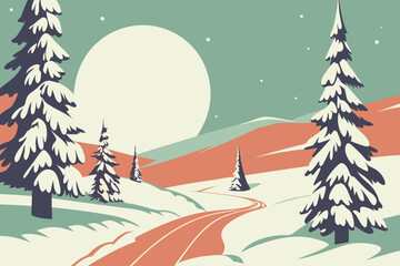 Snow-covered fir trees under a glowing full moon create a serene winter night scene—perfect for seasonal designs and holiday visuals.​
