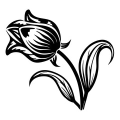 Elegant Black Floral Design Featuring Stylized Tulip and Leaves for Tattoo or Coloring Projects