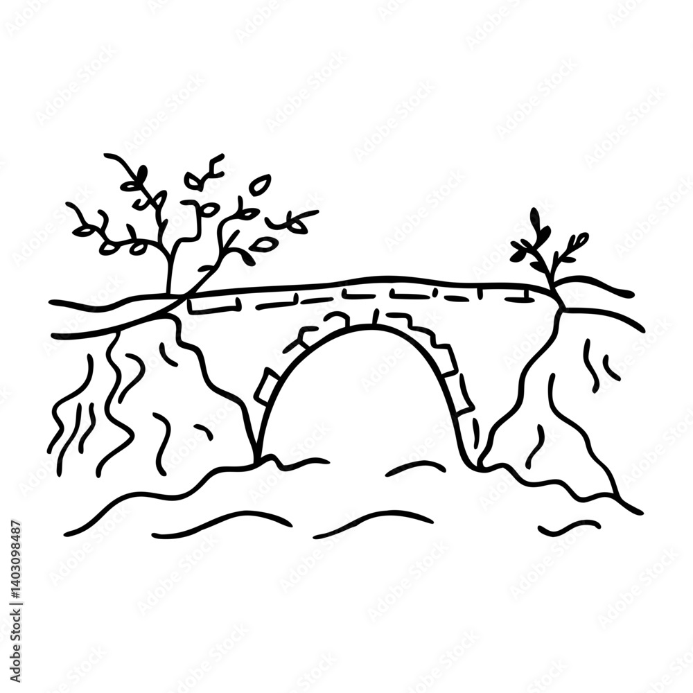 Aufkleber charming hand-drawn bridge design enveloped by trees for creative projects and relaxation