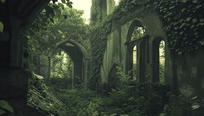 Fototapeta premium Verdant overgrown ruins of a medieval church.
