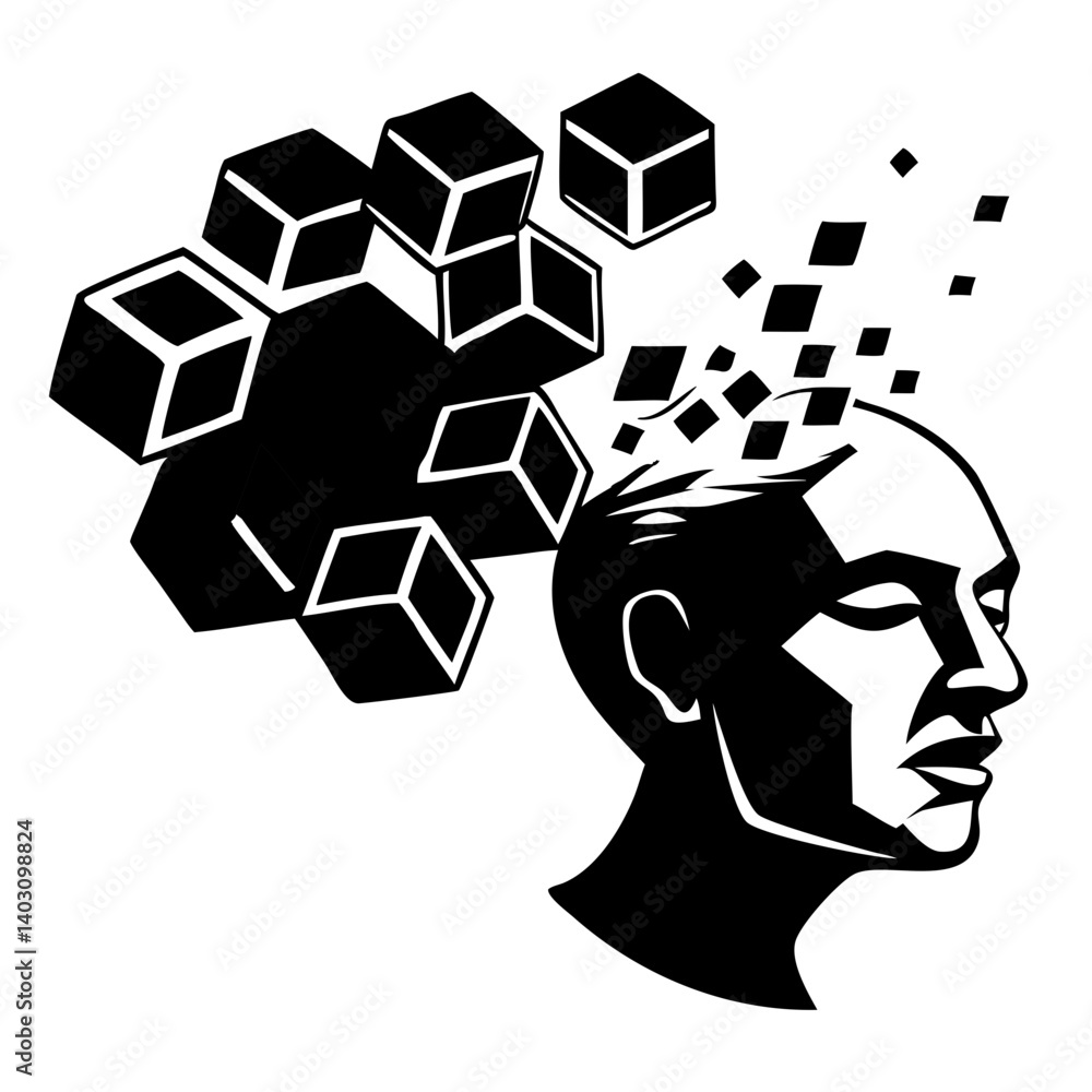 Poster abstract concept of creative thinking and idea generation with cubes emerging from head